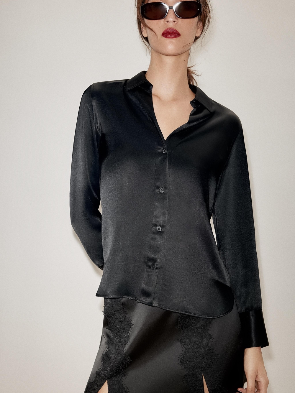 Zara Black Satin Button-Front Blouse